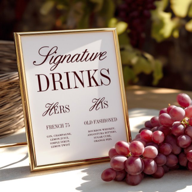 Lámina Elegante Rótulo de bar Boda con firma marfil (Elegant Ivory Signature Drinks Wedding Bar Sign)