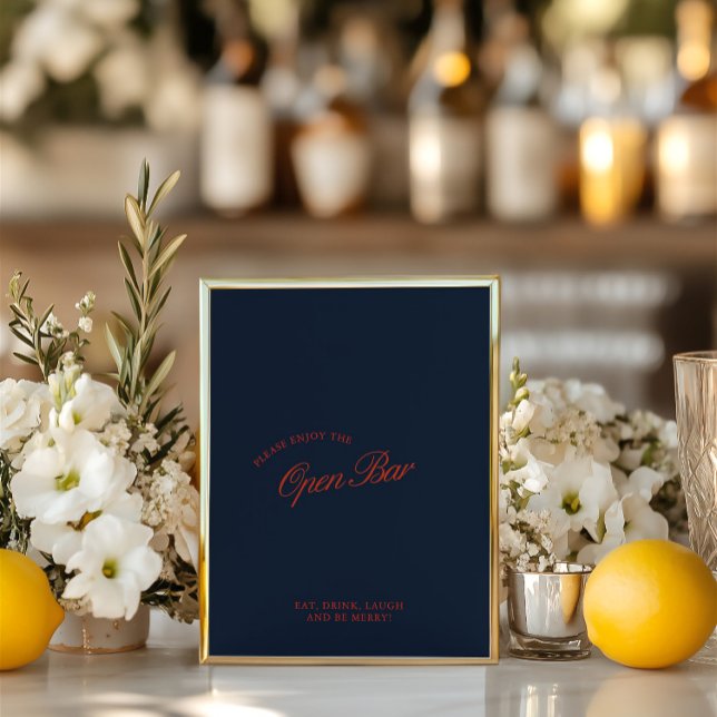 Lámina Elegante Rótulo de Boda de bar rojo y azul profund (Elegant Red & Deep Blue Open Bar Wedding Sign)