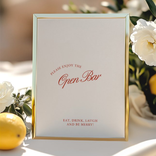 Lámina Elegante Rótulo de Boda de bar rojo y marfil abier (Elegant Red & Ivory Open Bar Wedding Sign)
