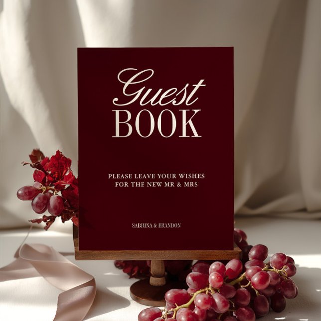 Lámina Elegante Rótulo de tabletop Boda de libros de Borg (Elegant Burgundy Guest Book Wedding Tabletop Sign)