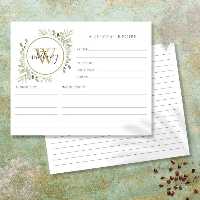 Lámina Elegante Script Gold Monograma Receta de verde (Elegant Script Gold Monogram Greenery Recipe Card)