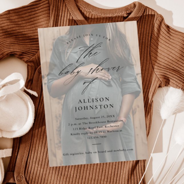 Lámina Elegante Script Presupuesto Foto Invitación a Baby (Elegant script overlay budget photo baby shower invitations.)