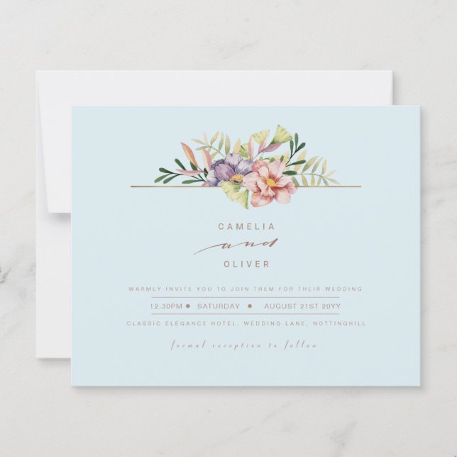 Lámina Elegante Sky Blue Summer Floral Wedding Invitar QR (Anverso)