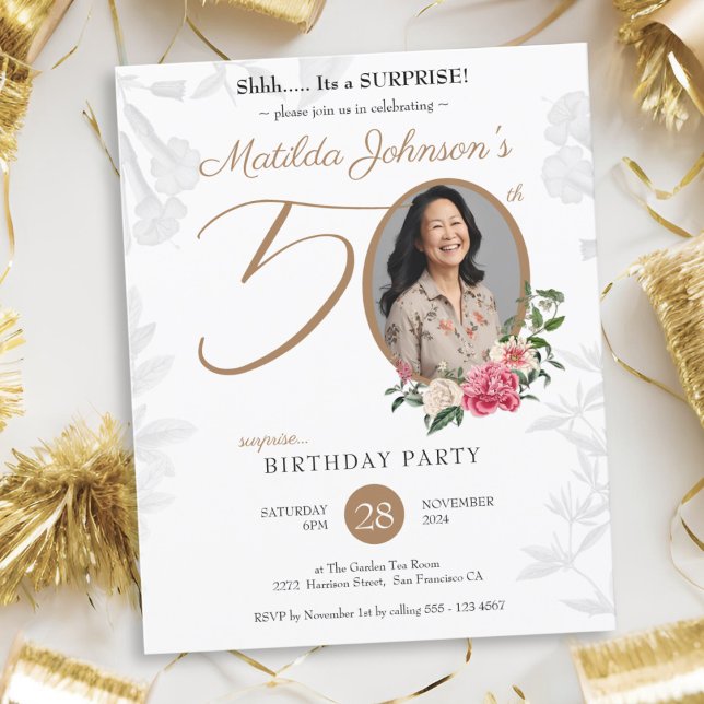 Lámina Elegante Sorpresa Floral Invitación a los 50 Años (Elegant Floral Surprise 50th Birthday Invitation)