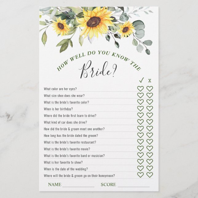 Lámina Elegante Sunflowers Eucalyptus Bridal Shower Game (Anverso)