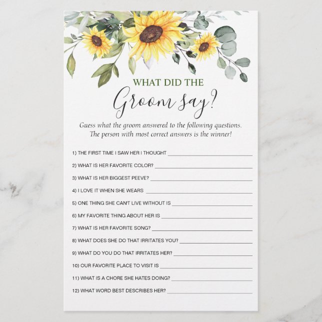 Lámina Elegante Sunflowers Eucalyptus Bridal Shower Game (Anverso)