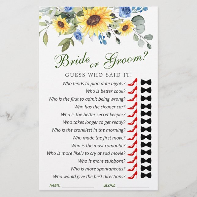 Lámina Elegante Sunflowers Eucalyptus Bridal Shower Game (Anverso)