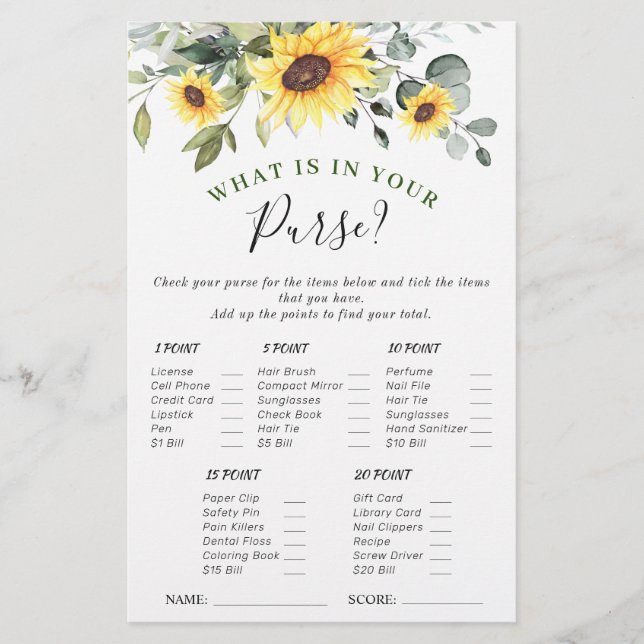 Lámina Elegante Sunflowers Eucalyptus Bridal Shower Game (Anverso)