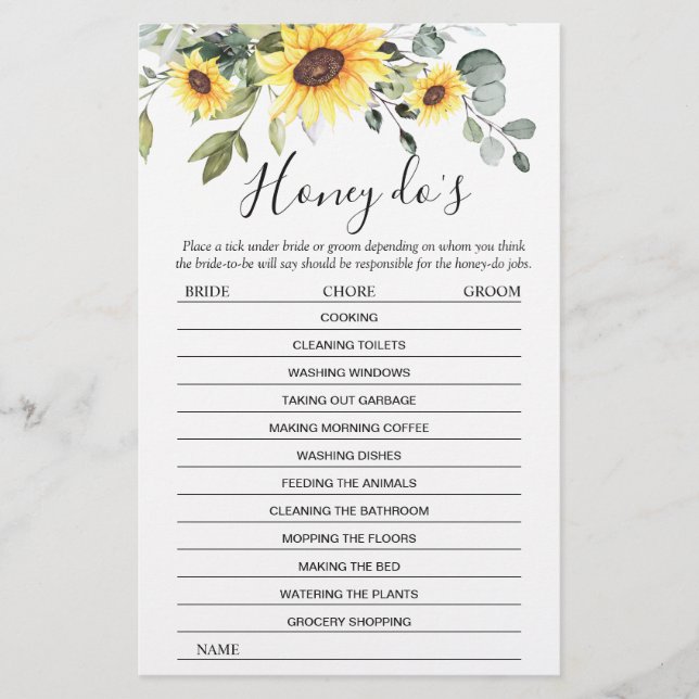 Lámina Elegante Sunflowers Eucalyptus Bridal Shower Game (Anverso)