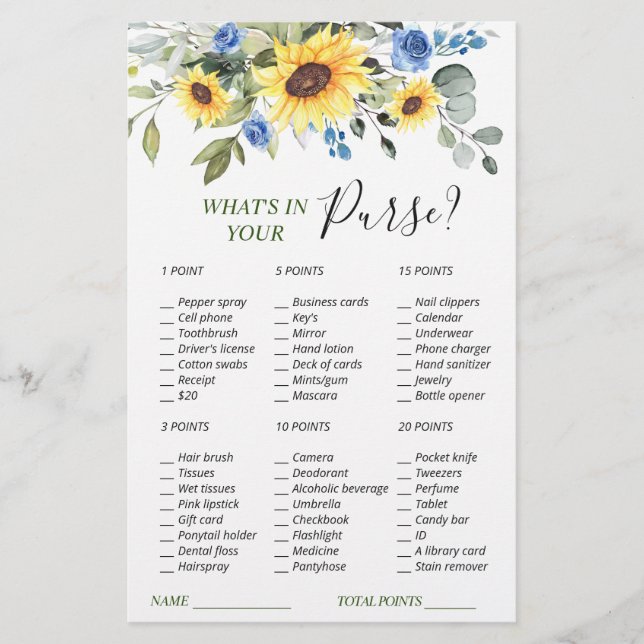 Lámina Elegante Sunflowers Eucalyptus Bridal Shower Game (Anverso)