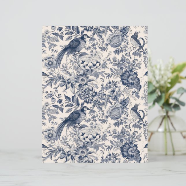 Lámina Elegante tela azul vintage floral Fleurie w. Aves (Anverso de pie)