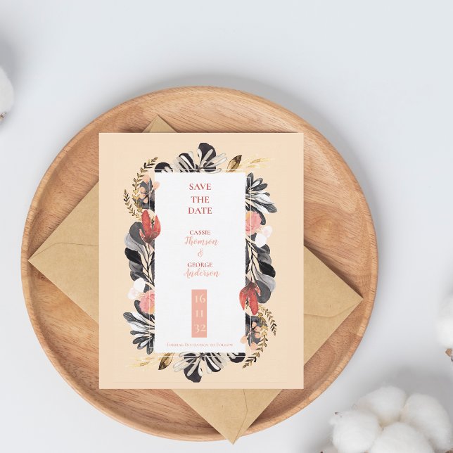 Lámina Elegante tono rosado y floral navy azul para boda  (Elegant Blush & Navy Floral Wedding Save the Date Invitation)