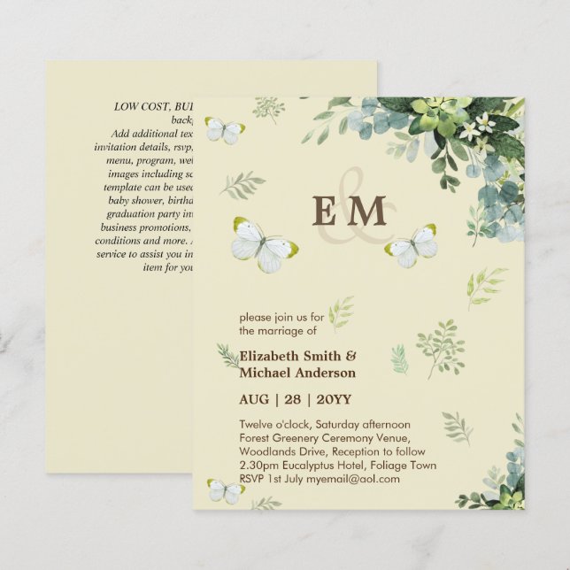 Lámina Elegante vegetación mariposas invitaciones de matr (Anverso / Reverso)