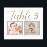 Lámina Elegante y único número de tabla de bodas personal<br><div class="desc">Las elegantes y únicas tarjetas de números de tabla de boda personalizadas incluyen fotos de la infancia del novio y la novia a una edad que corresponde con el número de tabla. Para personalizar: escriba el número de tabla, haga clic en "cambiar" por las fotos predeterminadas para cargar sus propias...</div>