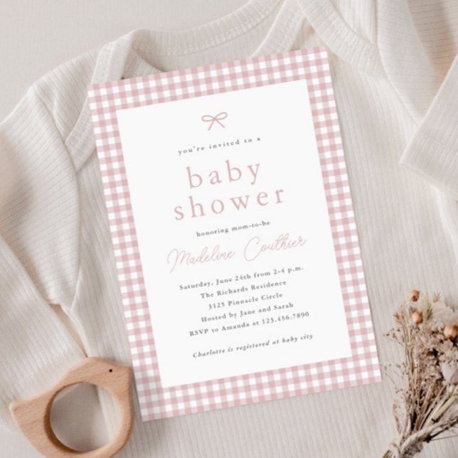 Lámina Elegantes Chicas rosados y ruidosos Baby Shower (Gingham check dusty pink girls budget baby shower invitation.)