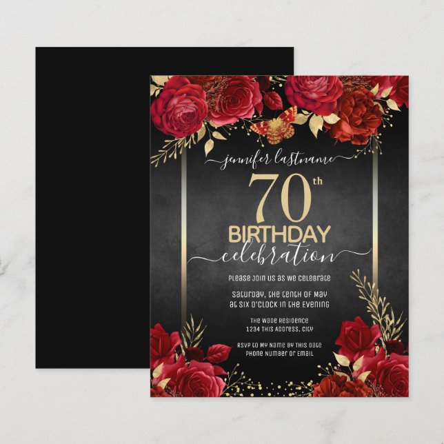 Lámina Elegantes Rosas 70.ª invitación por cumpleaños (Anverso / Reverso)