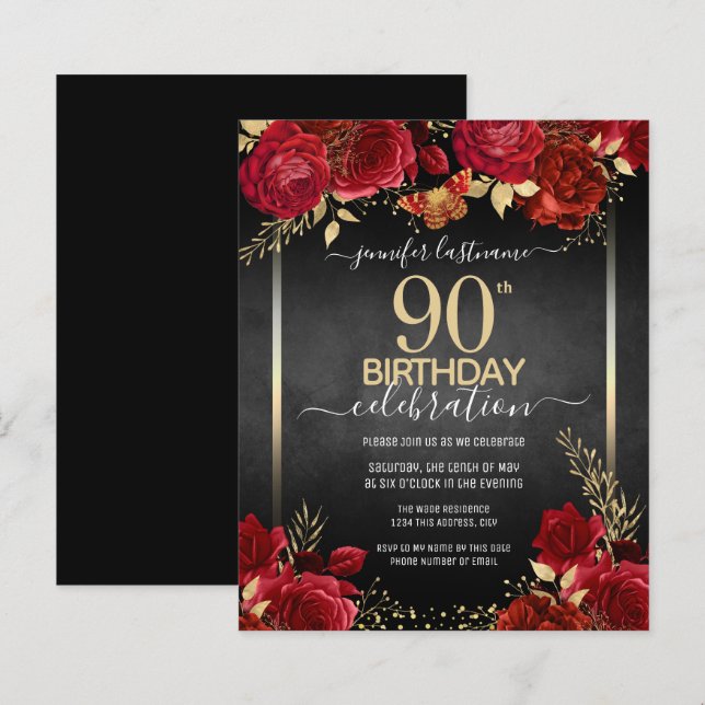 Lámina Elegantes Rosas 90.ª invitación por el cumpleaños (Anverso / Reverso)