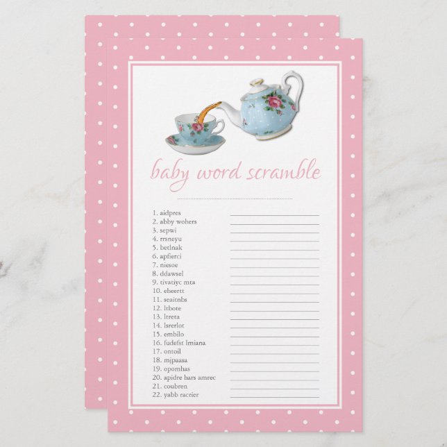 Lámina Elegantes teacups Baby Shower Tea Fiesta Word Scra (Anverso / Reverso)