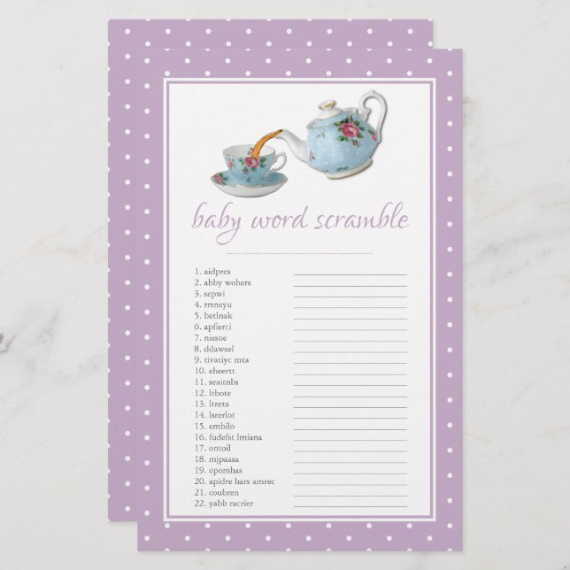 Lámina Elegantes teacups Baby Shower Tea Fiesta Word Scra (Anverso / Reverso)