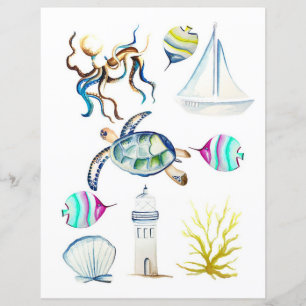 Lámina Elementos oceánicos de acuarela a cortar y colecta