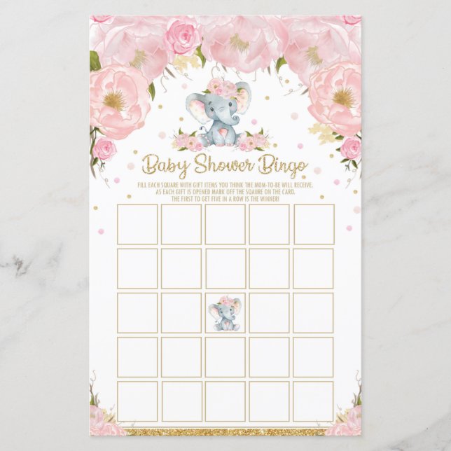 Lámina Elephant Baby Shower Bingo Game Activity Baby Girl (Anverso)