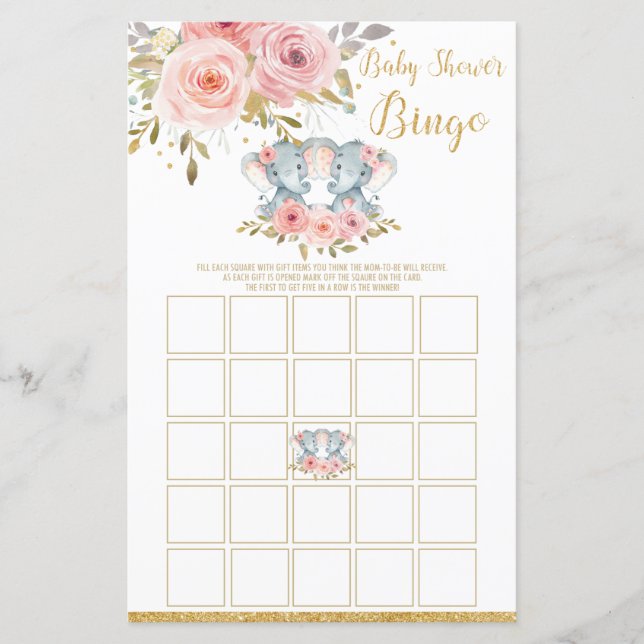 Lámina Elephant Baby Shower Bingo Game Activity Twin Chic (Anverso)