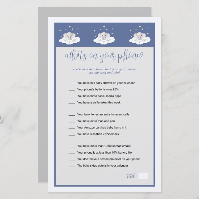 Lámina Elephant Baby Shower Game What's on Your Phone (Anverso / Reverso)