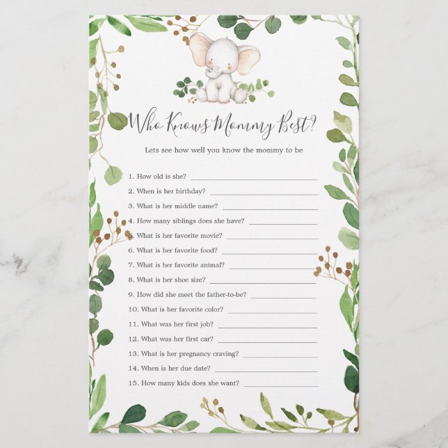 Lámina Elephant Baby Shower que conoce mejor a mamá (Anverso)