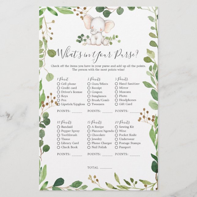 Lámina Elephant Baby Shower qué hay en tu bolso (Anverso)
