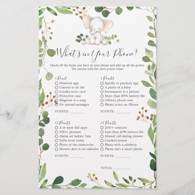 Lámina Elephant Baby Shower qué hay en tu teléfono (Anverso)