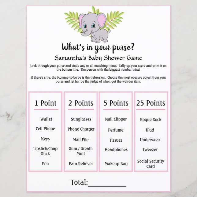 Lámina Elephant Baby Shower Whats In Your Purgue Game (Anverso)