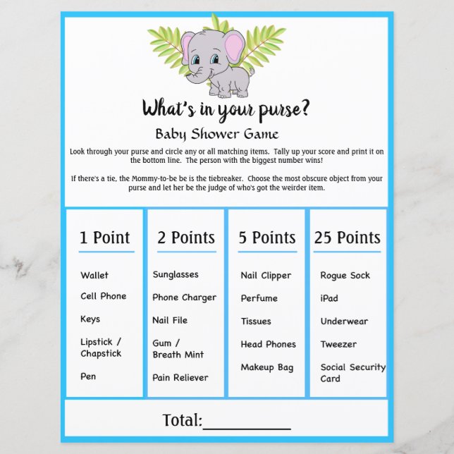 Lámina Elephant Baby Shower Whats In Your Purgue Game (Anverso)