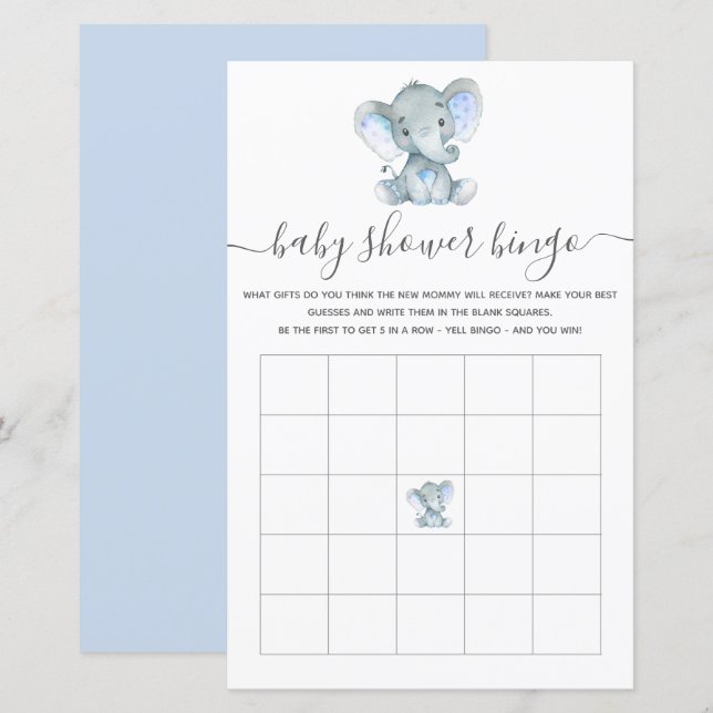 Lámina Elephant Blue Watercolor Bebé Bingo Shower Game (Anverso / Reverso)