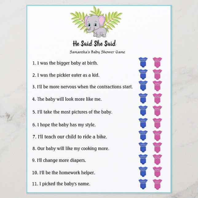 Lámina Elephant Boy Baby Shower Dijo Que Dijo Juego (Anverso)