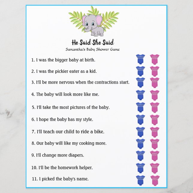 Lámina Elephant Boy Baby Shower Dijo Que Dijo Juego (Anverso)