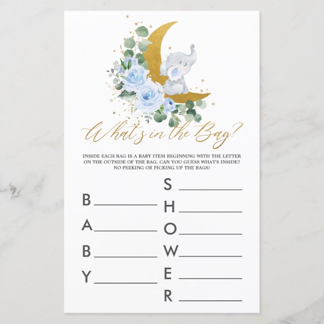 Lámina Elephant Moon Blue Floral What's In the Bag Game (Anverso)