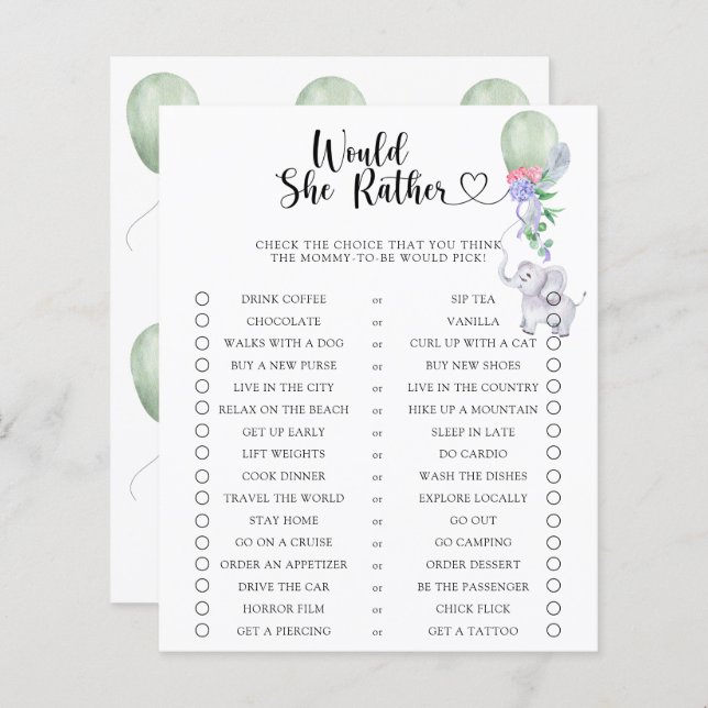 Lámina Elephant / Prefiere Un Juego De Baby Shower (Anverso / Reverso)