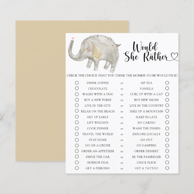 Lámina Elephant / Prefiere Un Juego De Baby Shower (Anverso / Reverso)