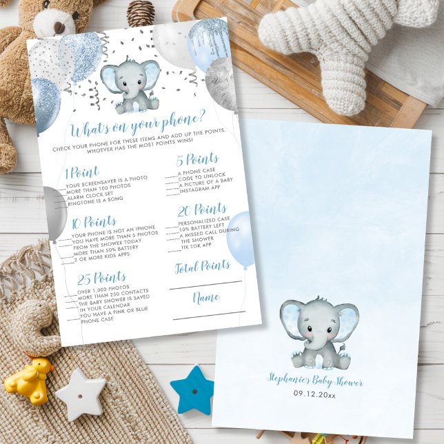 Lámina Elephant Qué hay en tu juego de Baby Shower para t (Elephant What's on your Phone Baby Shower Game)