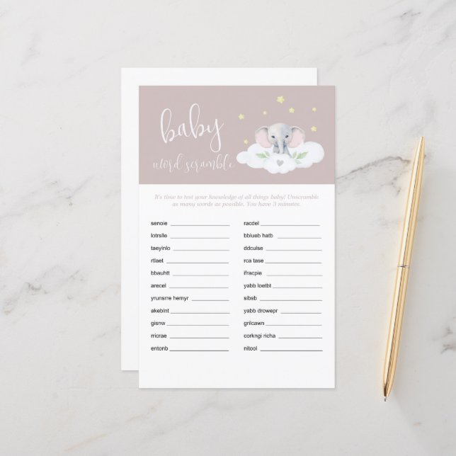 Lámina Elephant Shower Baby Word Scramble Game Pink (Anverso/Reverso In Situ)