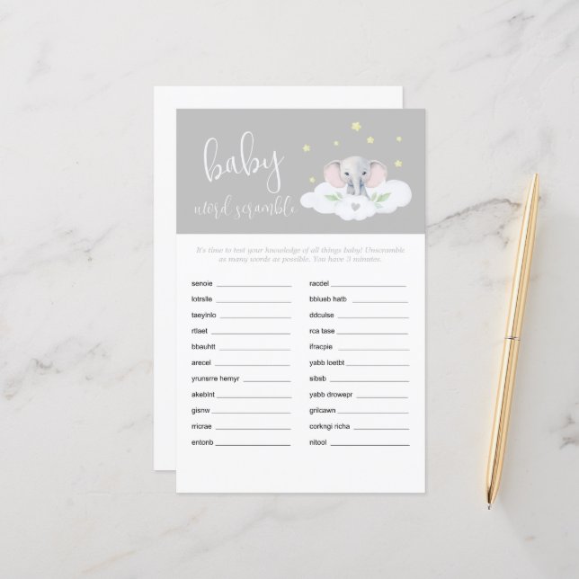 Lámina Elephant Shower Baby Word Scramble Juego Gris (Anverso/Reverso In Situ)