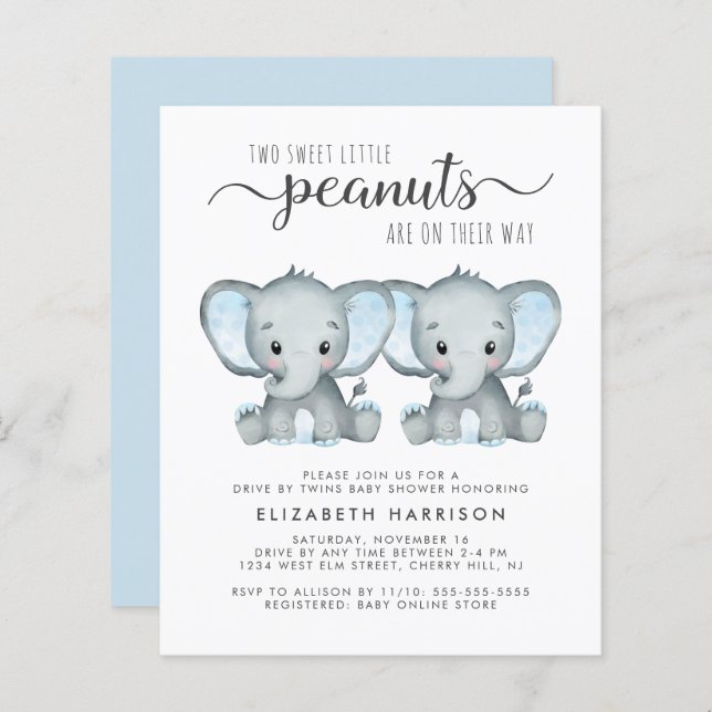 Lámina Elephant Twin Baby Boys Drive By Shower Invite (Anverso / Reverso)
