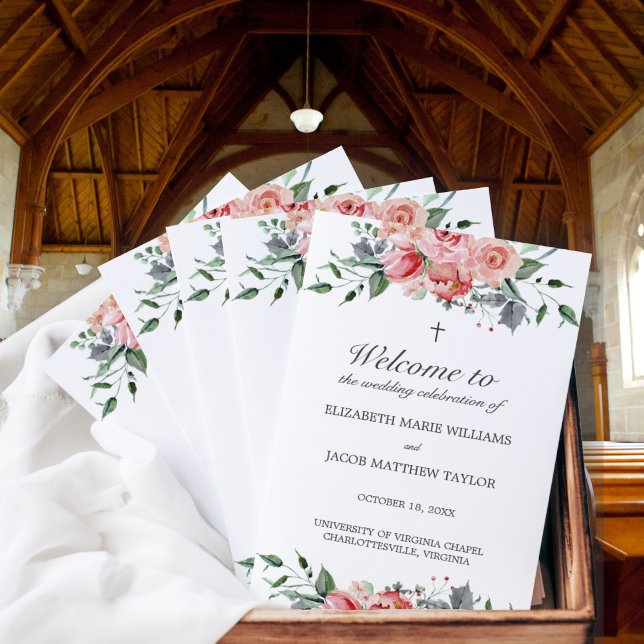 Lámina Elizabeth Christian Boda Ceremony (Pink, floral, Christian wedding program. Includes complete wording for a Christian ceremony.)