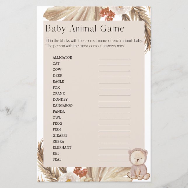 Lámina Embarazo Baby Shower Juego de animales (Anverso)