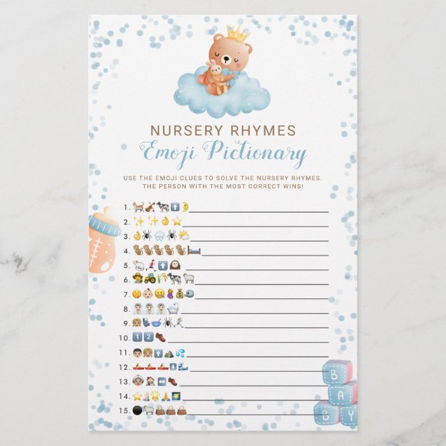Lámina Emoji Pictionary Boy Bear Blue Baby Shower Game (Anverso)