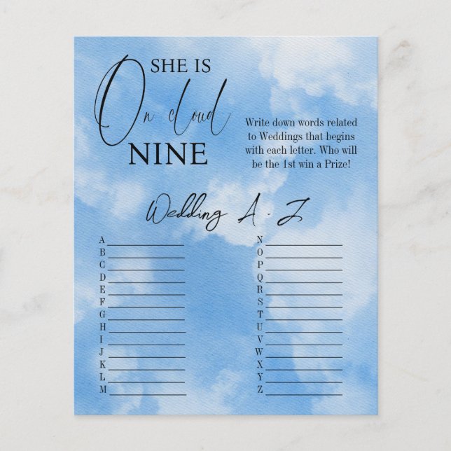 Lámina En Cloud Nueve Calligraphy Blue Bridal Shower Game (Anverso)