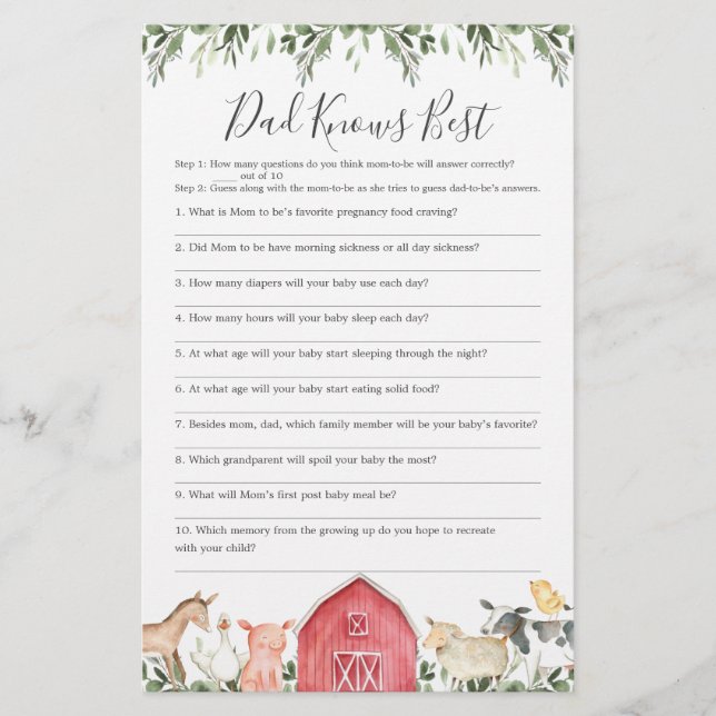 Lámina En la granja Baby Shower Dad Conoce mejor juego (Anverso)
