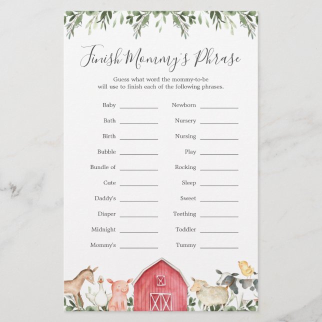 Lámina En la granja Baby Shower Finalizar la frase de mam (Anverso)