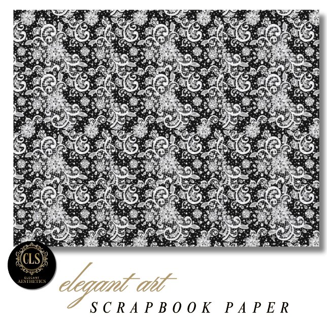 Lámina Encaje blanco sobre papel de scrapbook negro (White Lace on Black Scrapbook Paper)