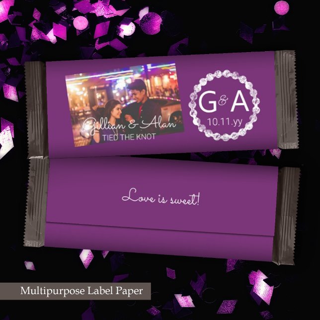 Lámina Envoltura de barra de dulces de boda Morado Ciruel (plum purple wedding personalized chocolate candy bar wrapper paper label photo monogram party favor)